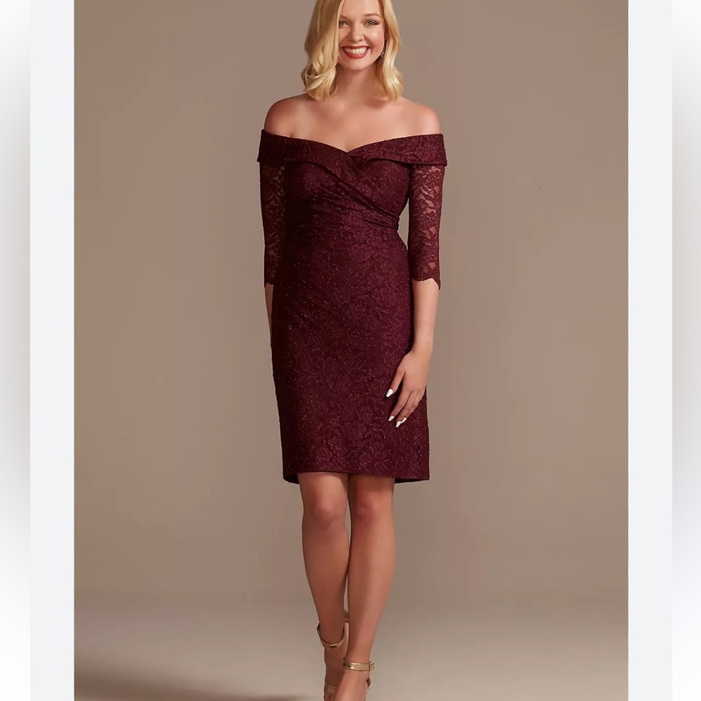 Oleg Cassini Red Sheath Mini Dress 3/4 Sleeve Off the Shoulder